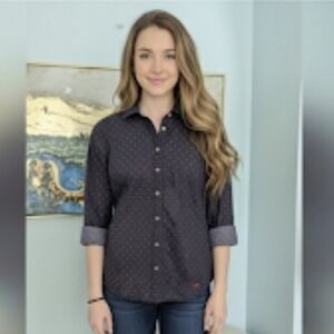 Talbots Woma's Polka Dot Button Front Roll Tab Sleeve Blouse Size 2p